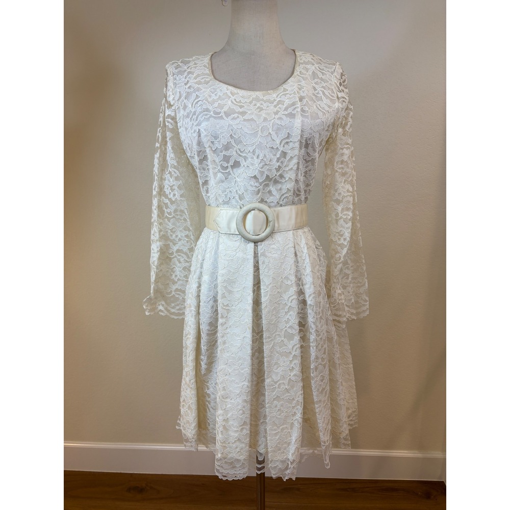 Vtg 50s‎ 60s Wedding Dress S Ivory Lace Belted Elopement Reception Cocktail Mod